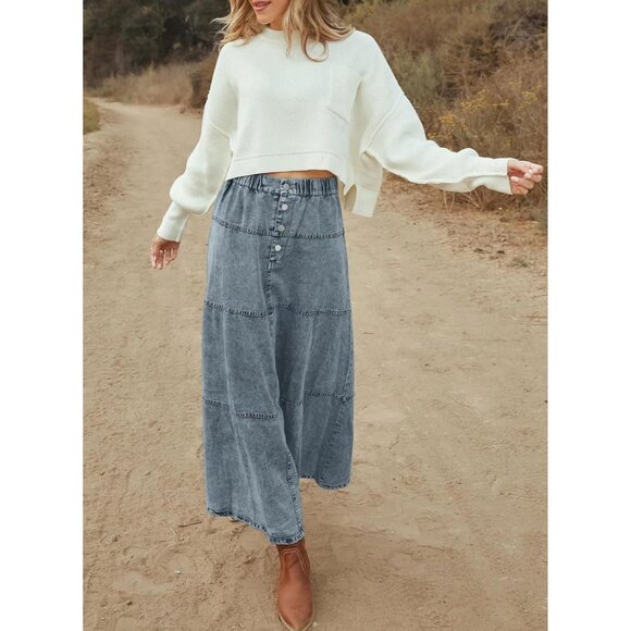 Stylish Tiered Denim Maxi Skirt in Retro Blue - High Waist for Comfortable Fit - Picture 3 of 5